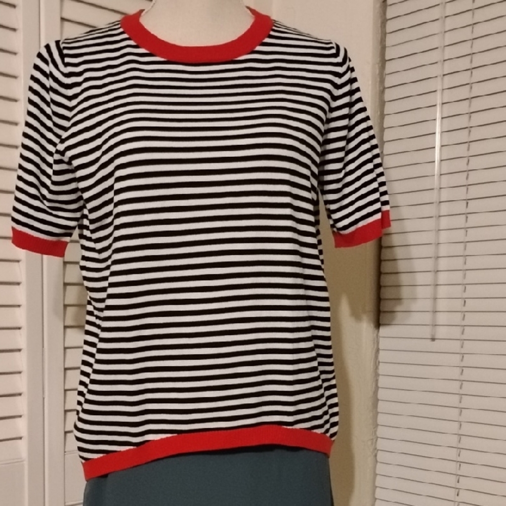 Striped Short-Sleeve Knit Top with Red Trim